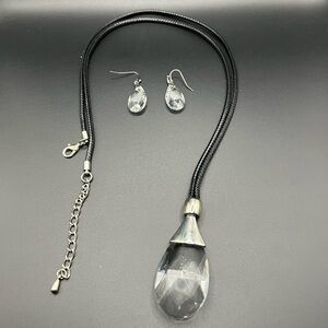 Set - Clear Crystal Pendant in Silver Tone with Black Cord and Earrings Goth